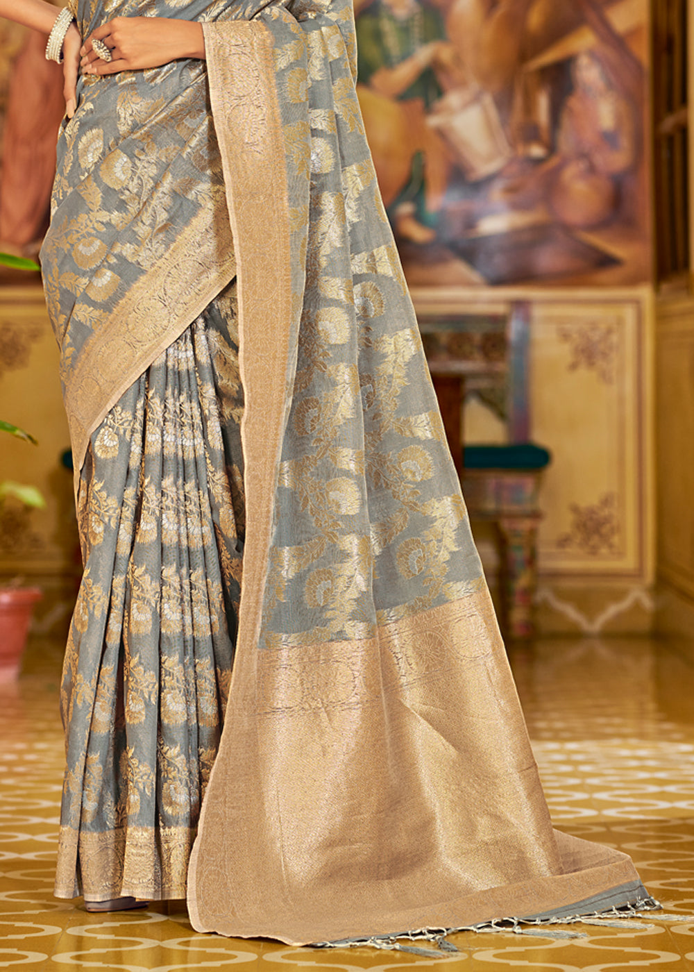 Buy MySilkLove Natural Grey Zari Woven Banarasi Linen Saree Online