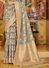 Natural Grey Zari Woven Banarasi Linen Saree