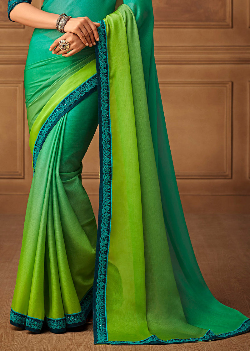 Ocean Blue and Green Chiffon Embroidered Designer Saree