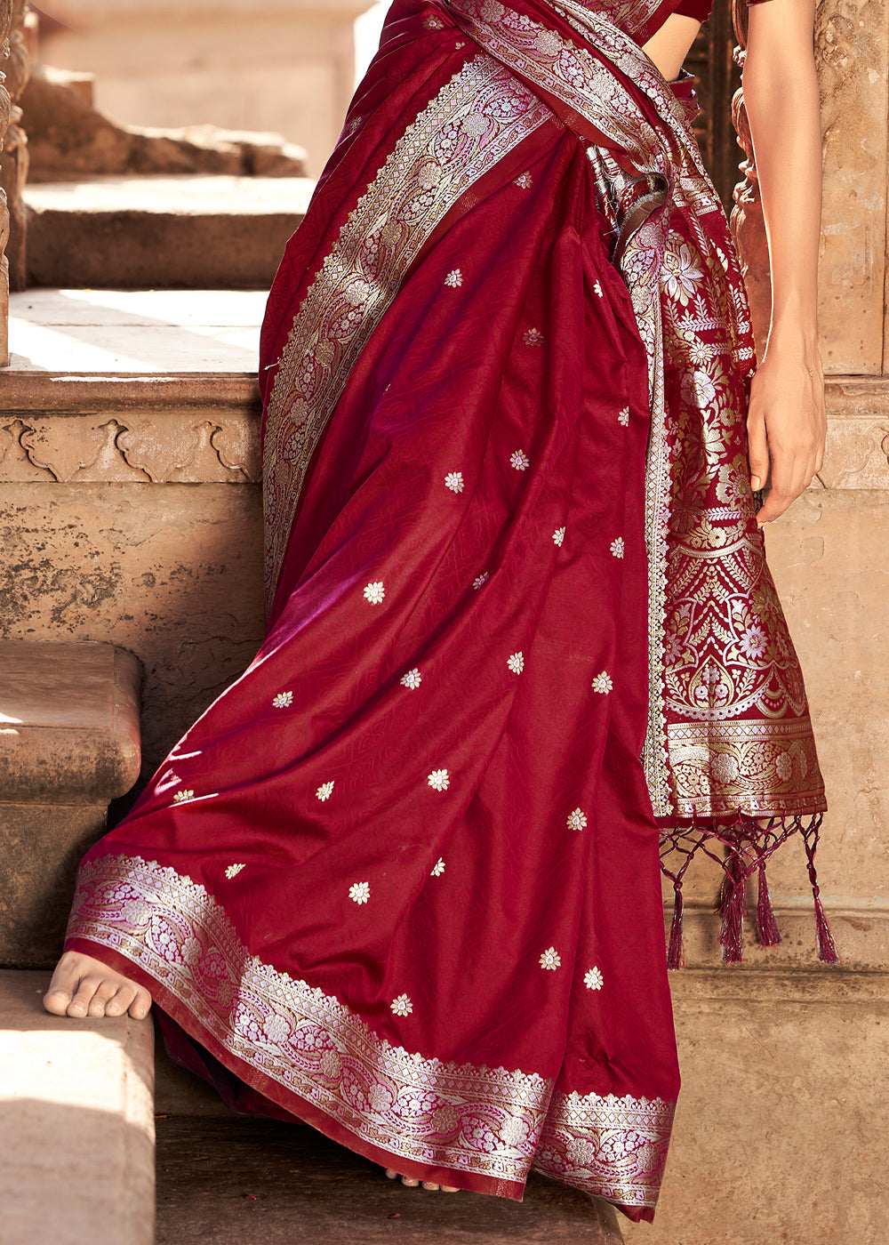 Buy MySilkLove Dark Tan Maroon Woven Banarasi Satin Silk Saree Online