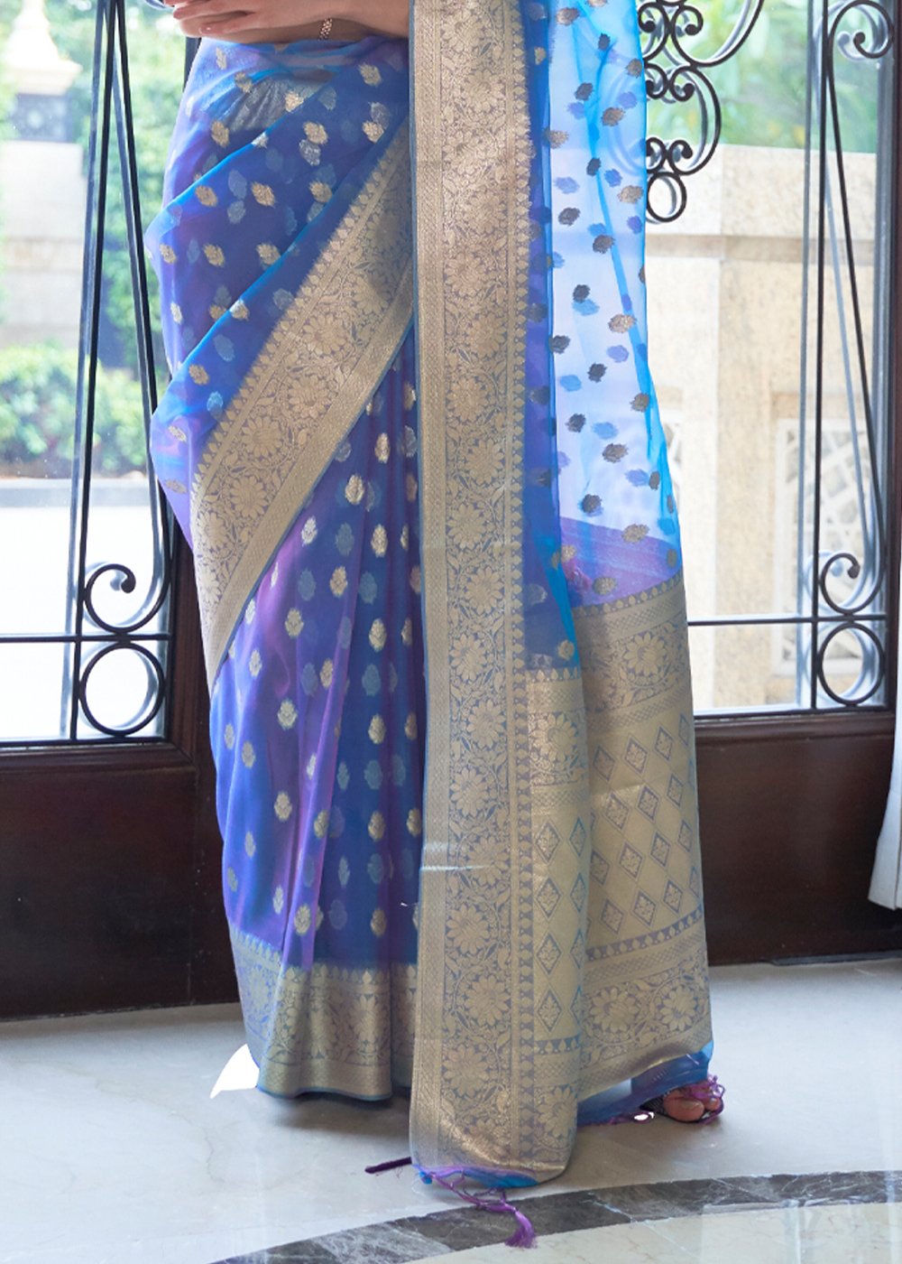 Buy MySilkLove Chambray Blue Zari Woven Organza Silk Saree Online