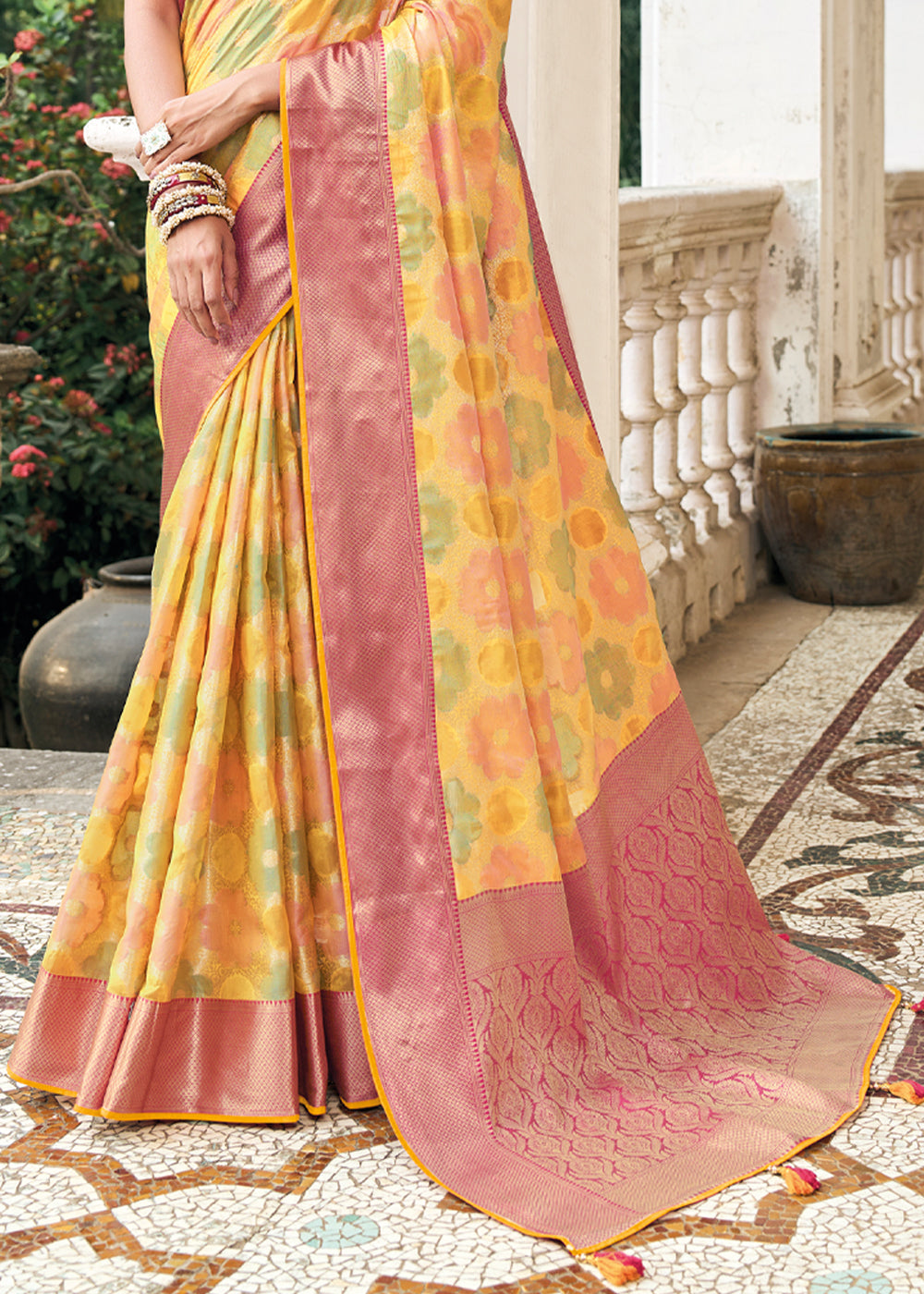 Buy MySilkLove Wild Rice Yellow and Pink Woven Organza Banarasi Silk Saree Online