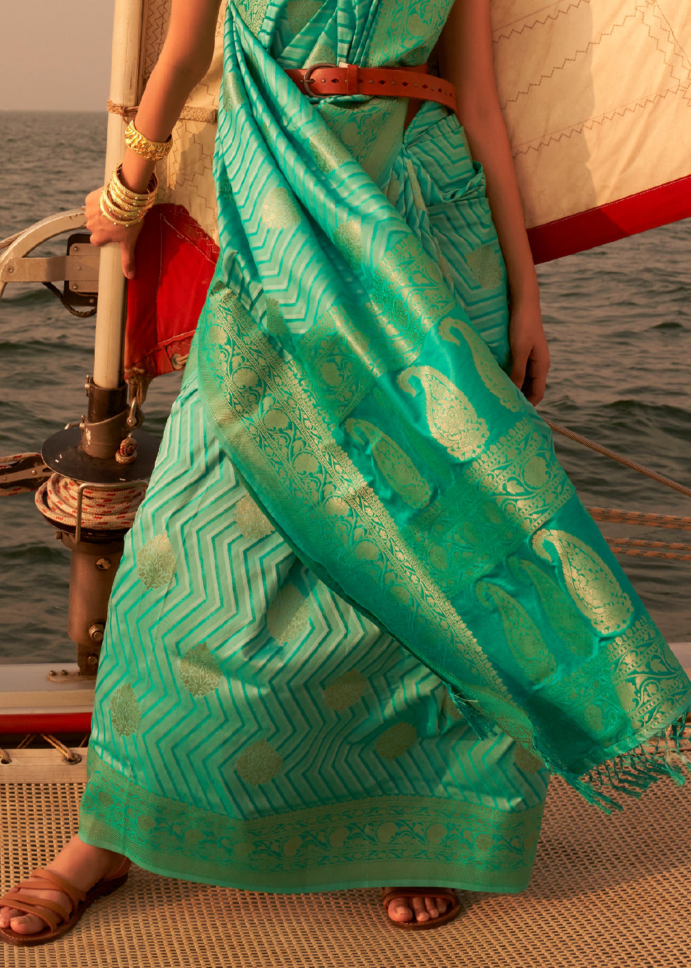 Buy MySilkLove Ocean Green Dual Tone Banarasi Satin Silk Saree Online