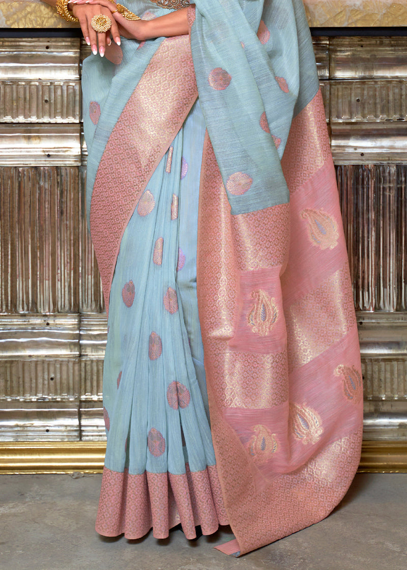 Jungle Mist Blue and Pink Zari Woven Linen Saree