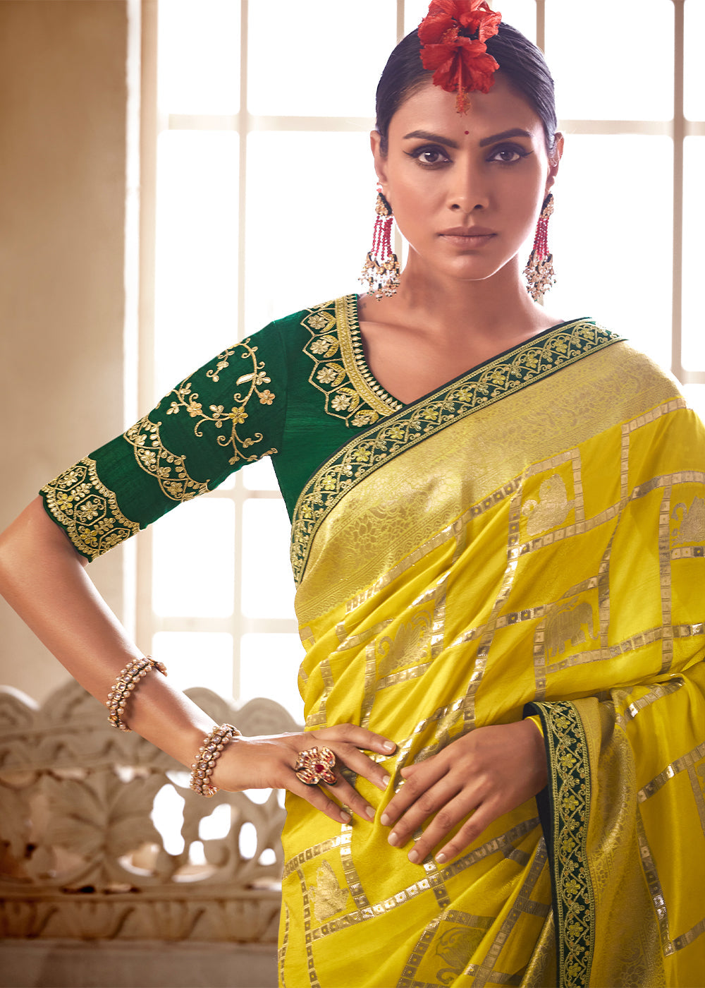 Buy MySilkLove Grass Yellow and Green Banarasi Saree with Designer Blouse Online