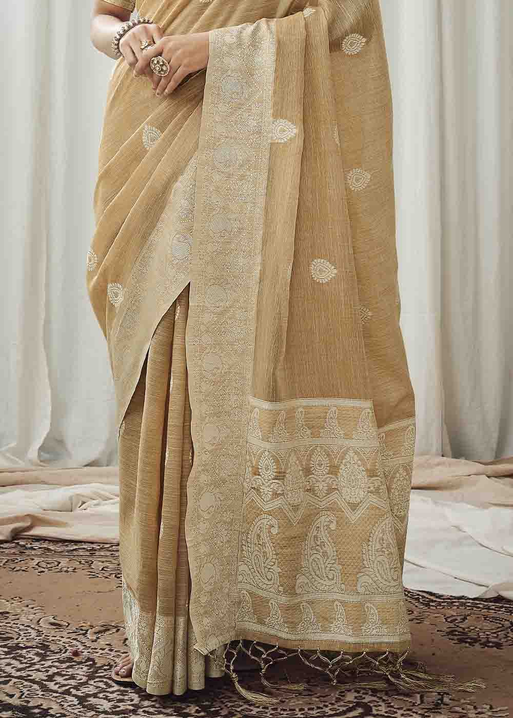 Buy MySilkLove Twine Brown Chikankari Linen Saree Online