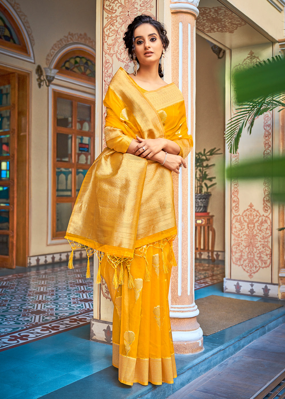 Buy MySilkLove Glow Yellow Zari Woven Banarasi Organza Saree Online