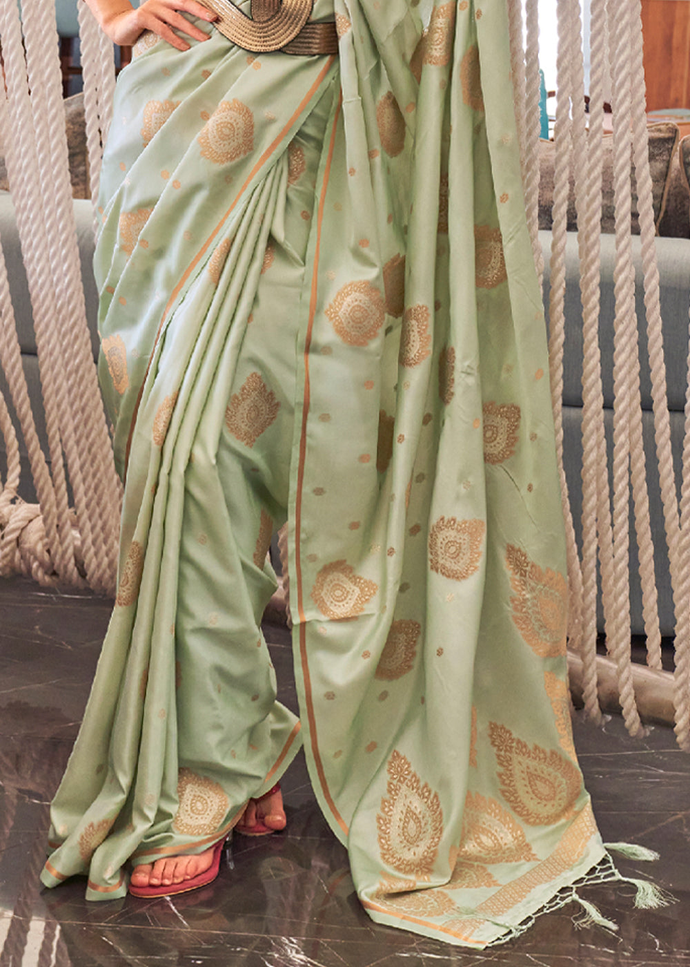 Buy MySilkLove Avocado Green Bronze Zari Woven Satin Silk Saree Online