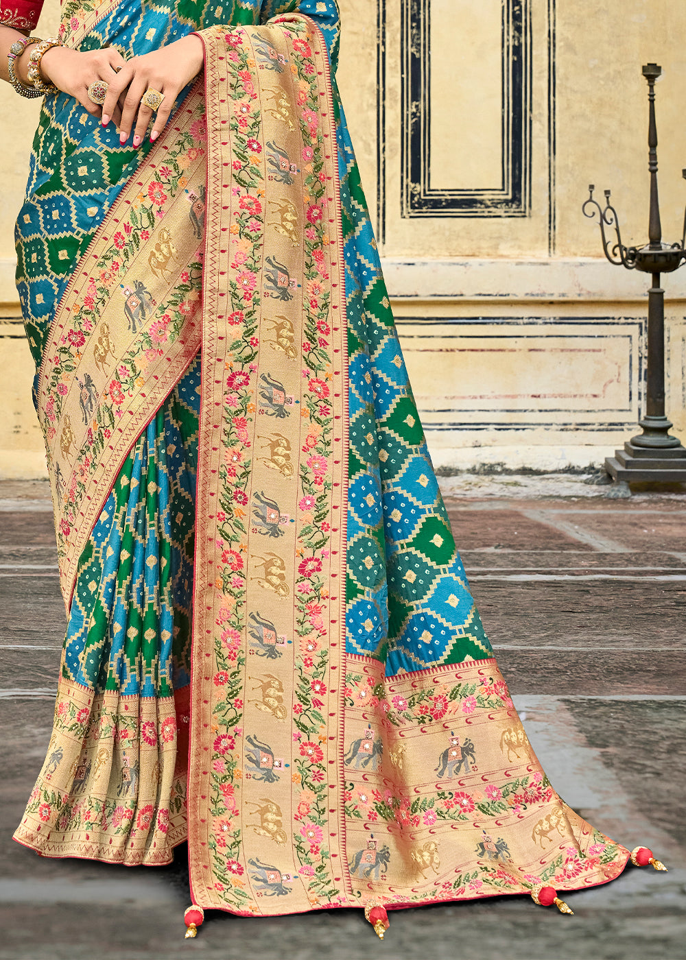 Buy MySilkLove Hippie Blue Green and Red  Patola Printed Dola Silk Saree With Embroidered Blouse Online