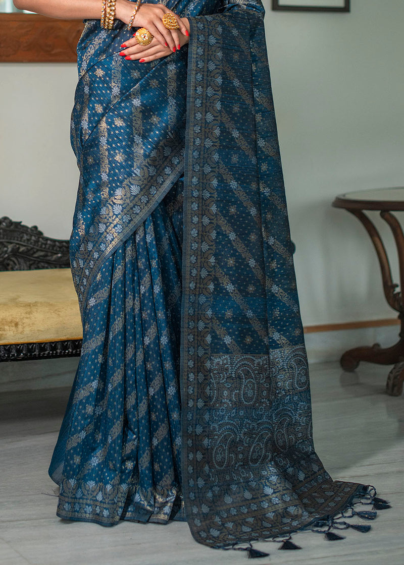 Gable Blue Zari Woven Tussar Silk Saree