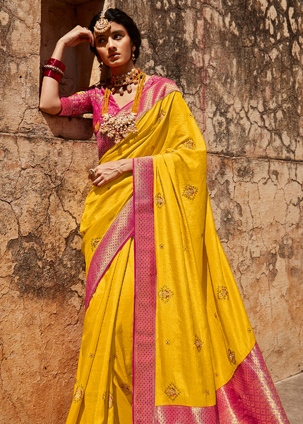 Buy MySilkLove Fuel Yellow and Pink Zari Woven Designer Banarasi Saree Online