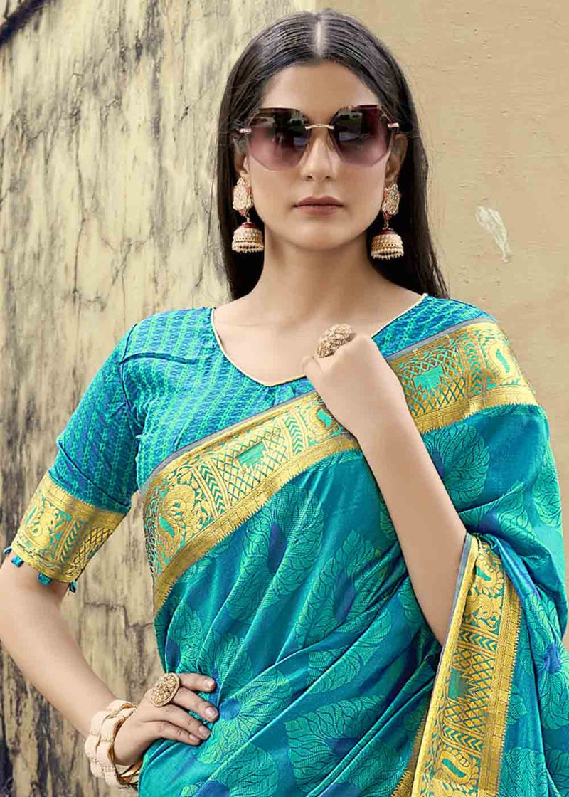 Malachite Blue Zari Woven Banarasi Silk Saree