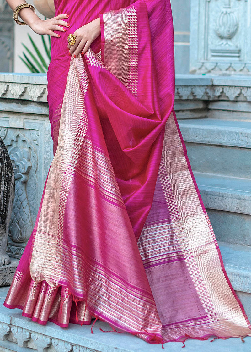 Cerise Pink Zari Woven Tussar Silk Saree