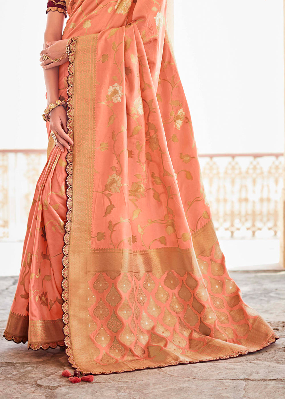 Buy MySilkLove Vivid Peach and Brown Zari Woven Designer Banarasi Saree Online