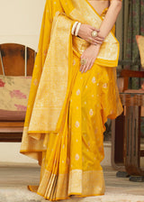 Saffron Yellow Zari Woven Banarasi Silk Saree with Butti Work