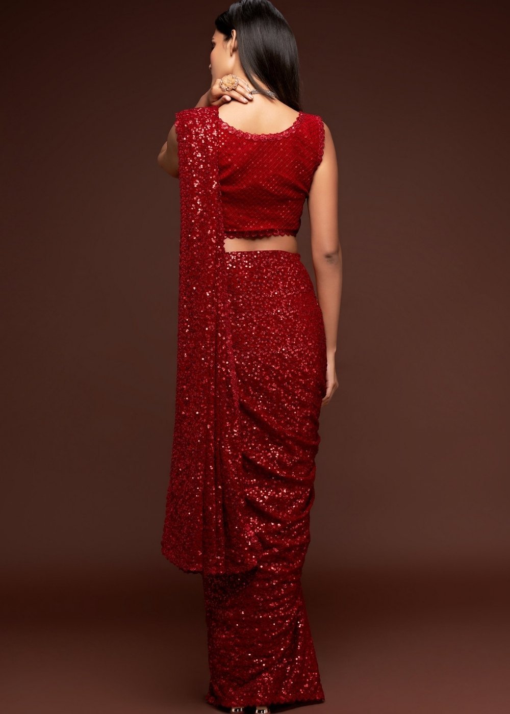 Buy MySilkLove Pueble Red Georgette Partywear Saree Online