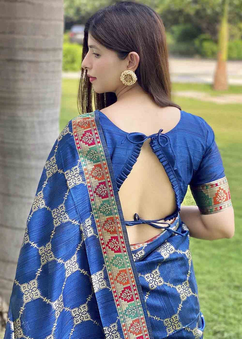 Indigo Blue Zari Woven Tussar Silk Saree