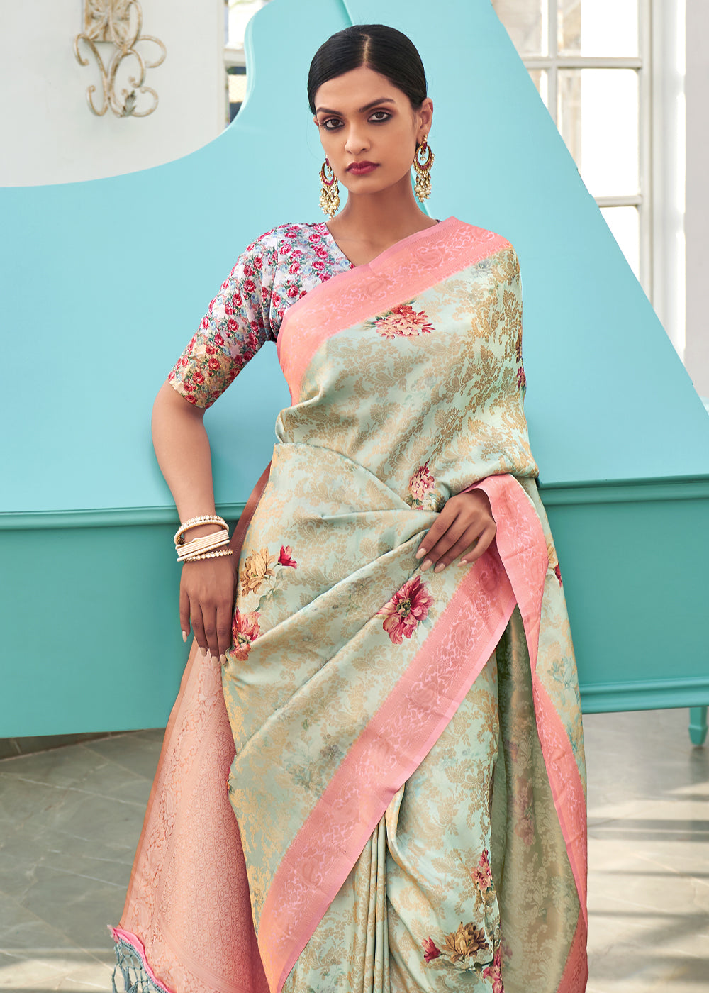 Buy MySilkLove Eagle Green Banarasi Jacquard Printed Saree Online