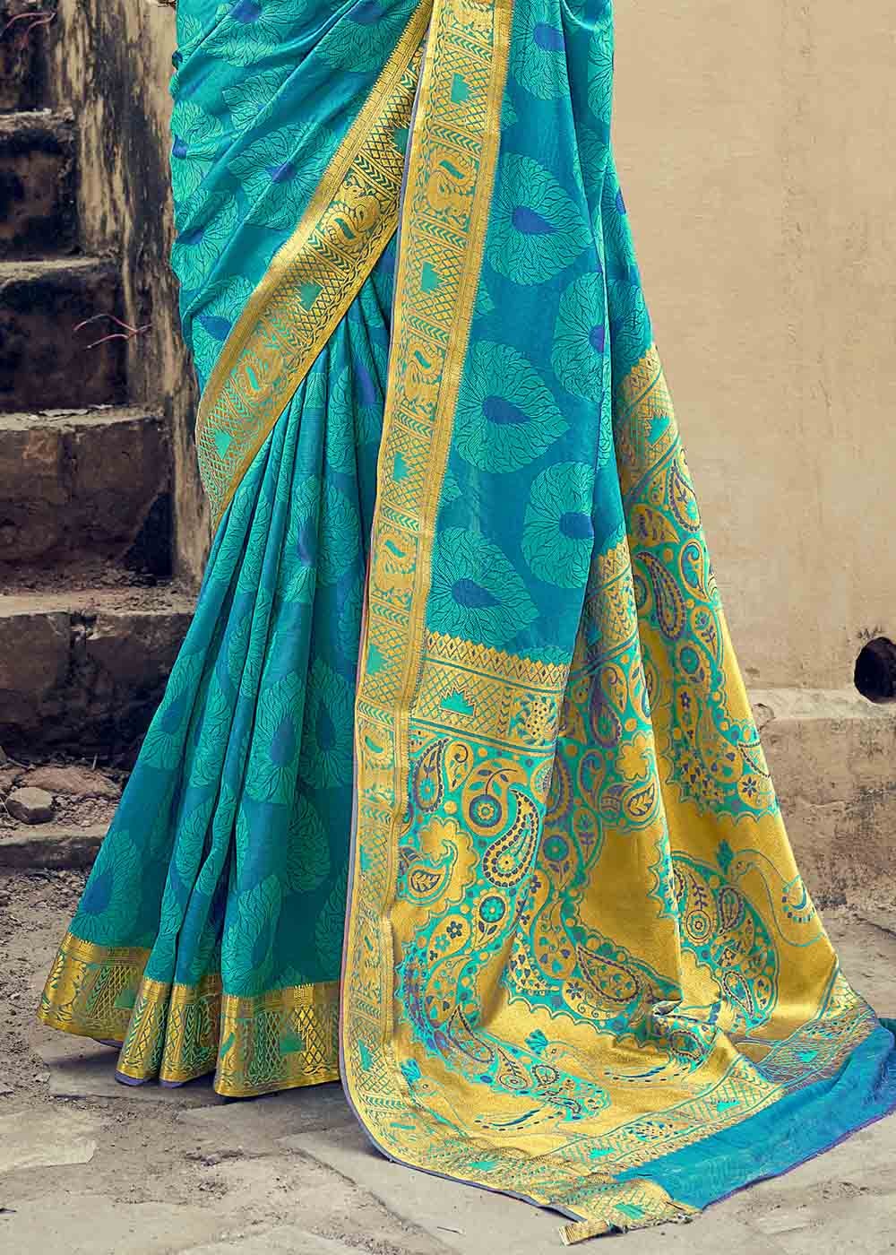 Buy MySilkLove Malachite Blue Zari Woven Banarasi Silk Saree Online