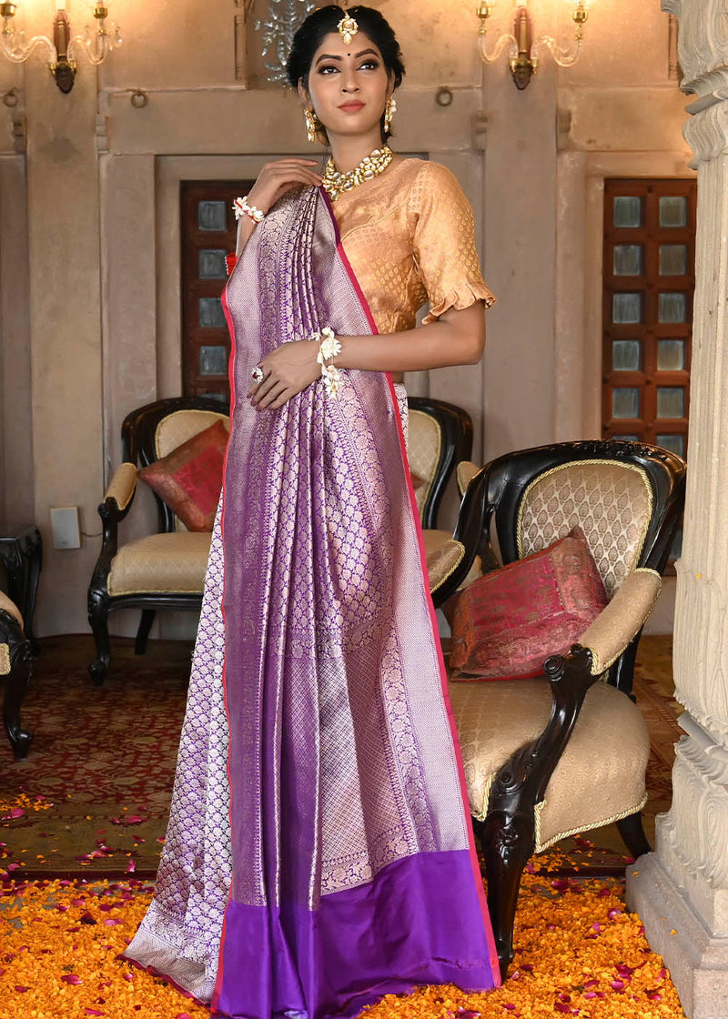 Royal Purple and Silver Katan Pure Silk Handwoven Brocade Design Saree