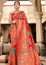 Salmon Red Woven Designer Banarasi Silk Saree