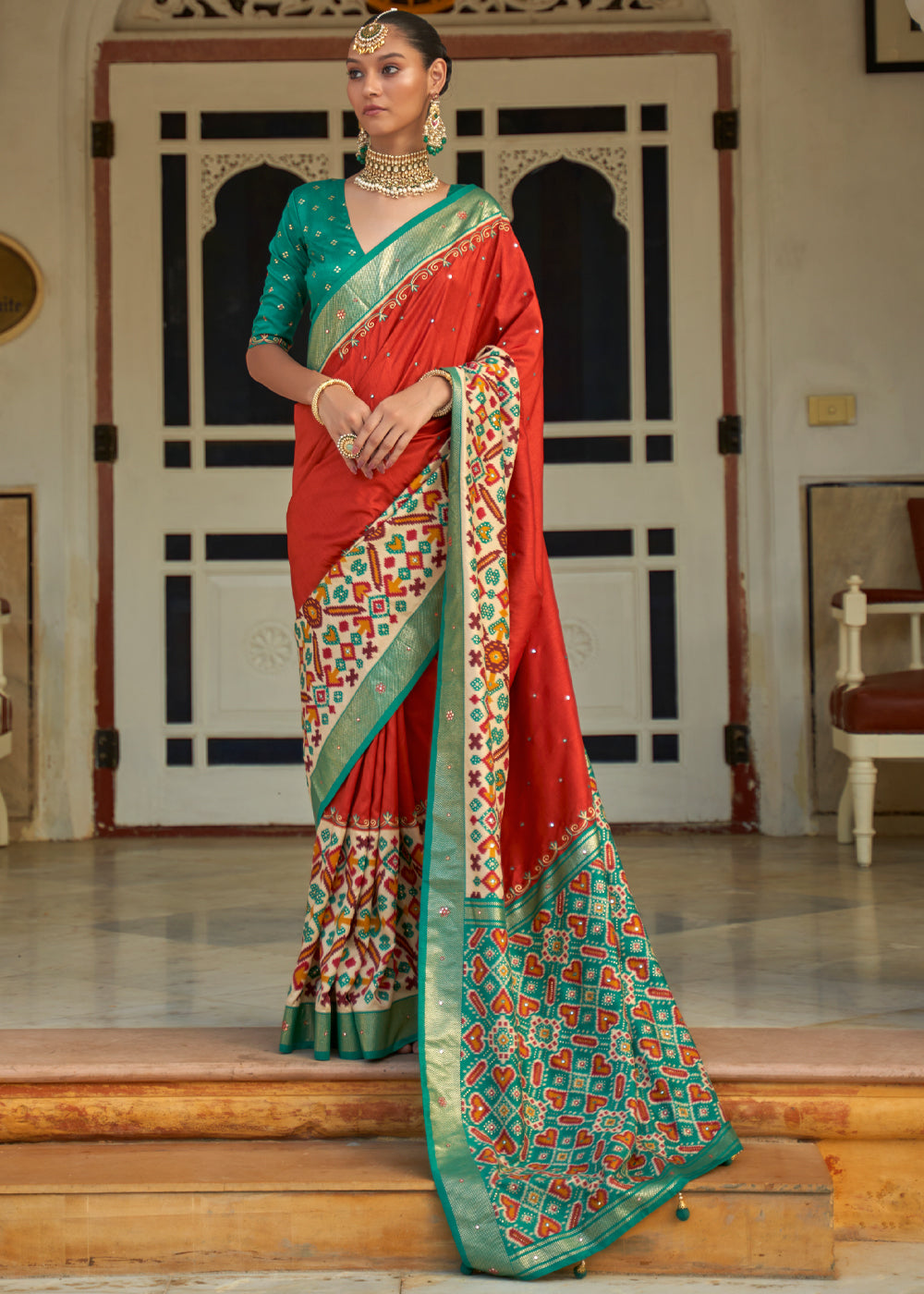 Buy MySilkLove Jasper Red and Green Woven Patola Silk Saree Online