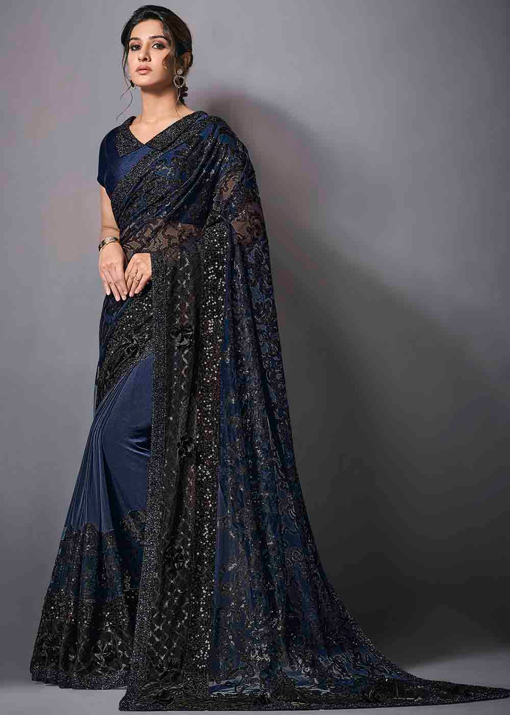 Buy MySilkLove Ebony Blue Designer Lycra Saree with Embroidery Work Online