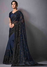 Ebony Blue Designer Lycra Saree with Embroidery Work