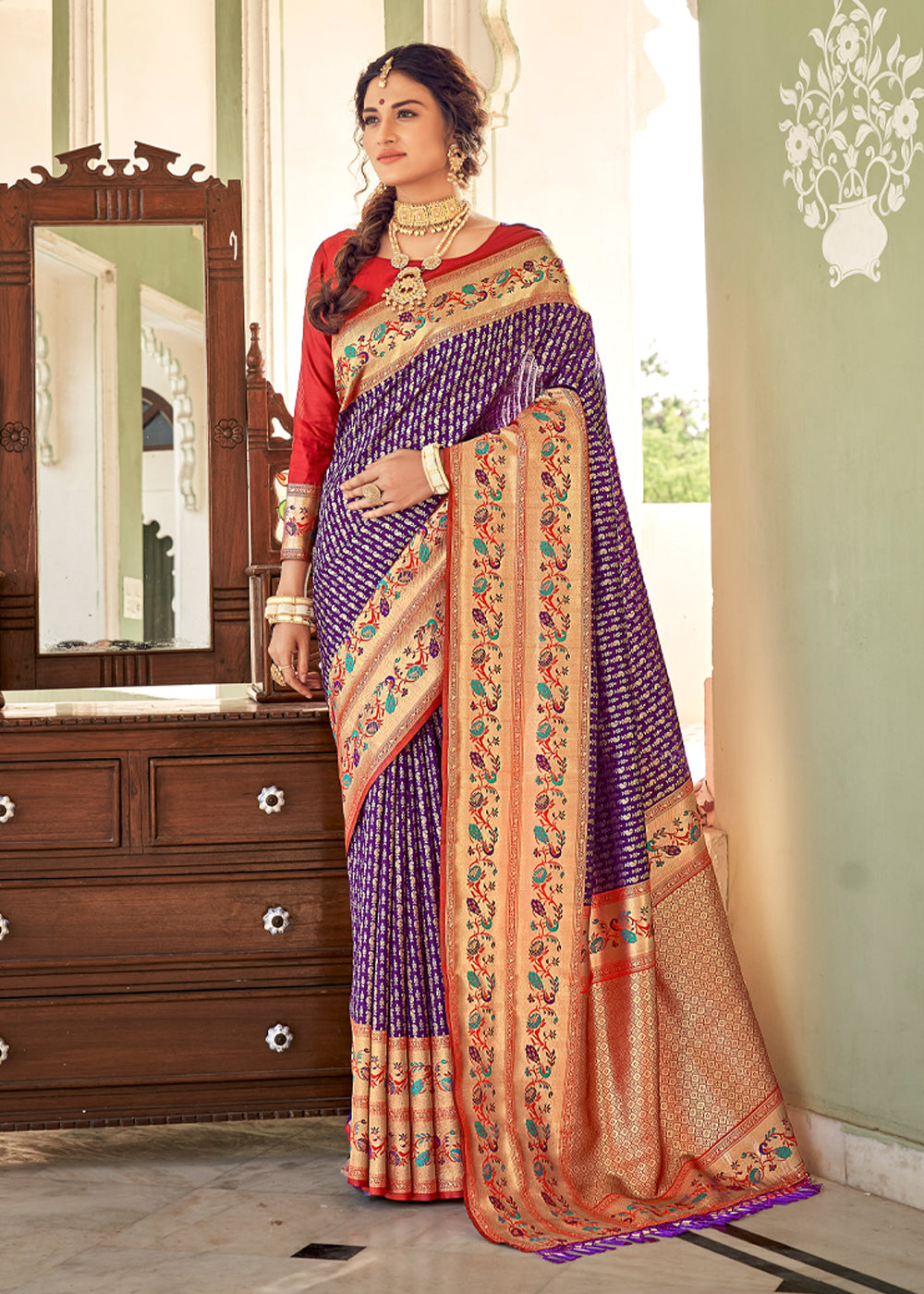 Buy MySilkLove Razzmic Purple and Red Zari Woven Banarasi Brocade Saree Online