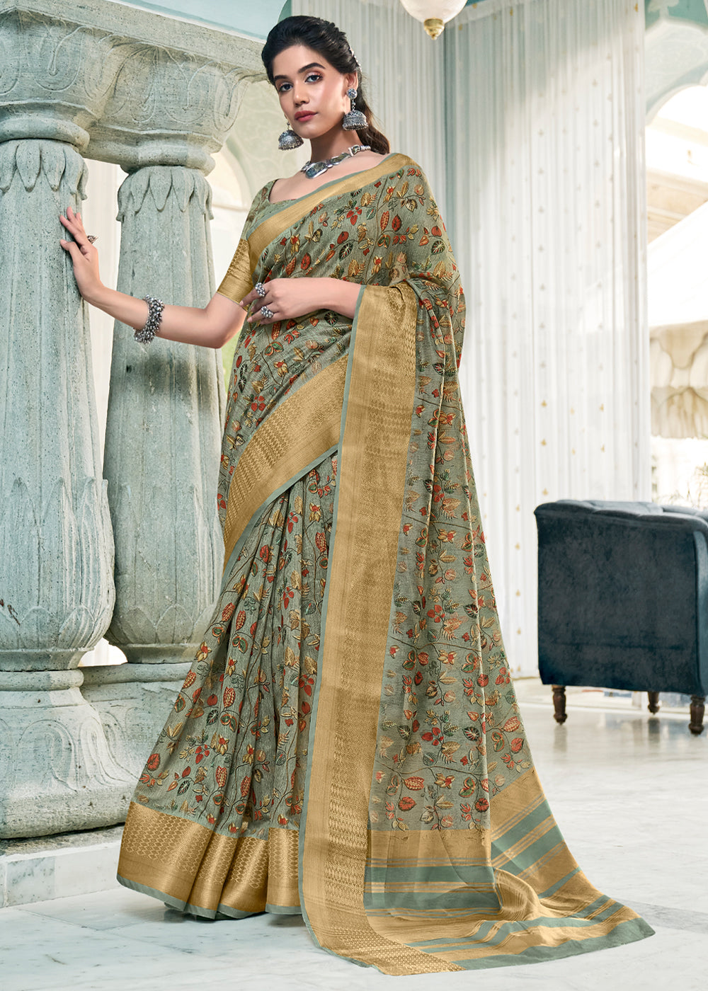 Buy MySilkLove Clay Creek Green Banarasi Printed Saree Online