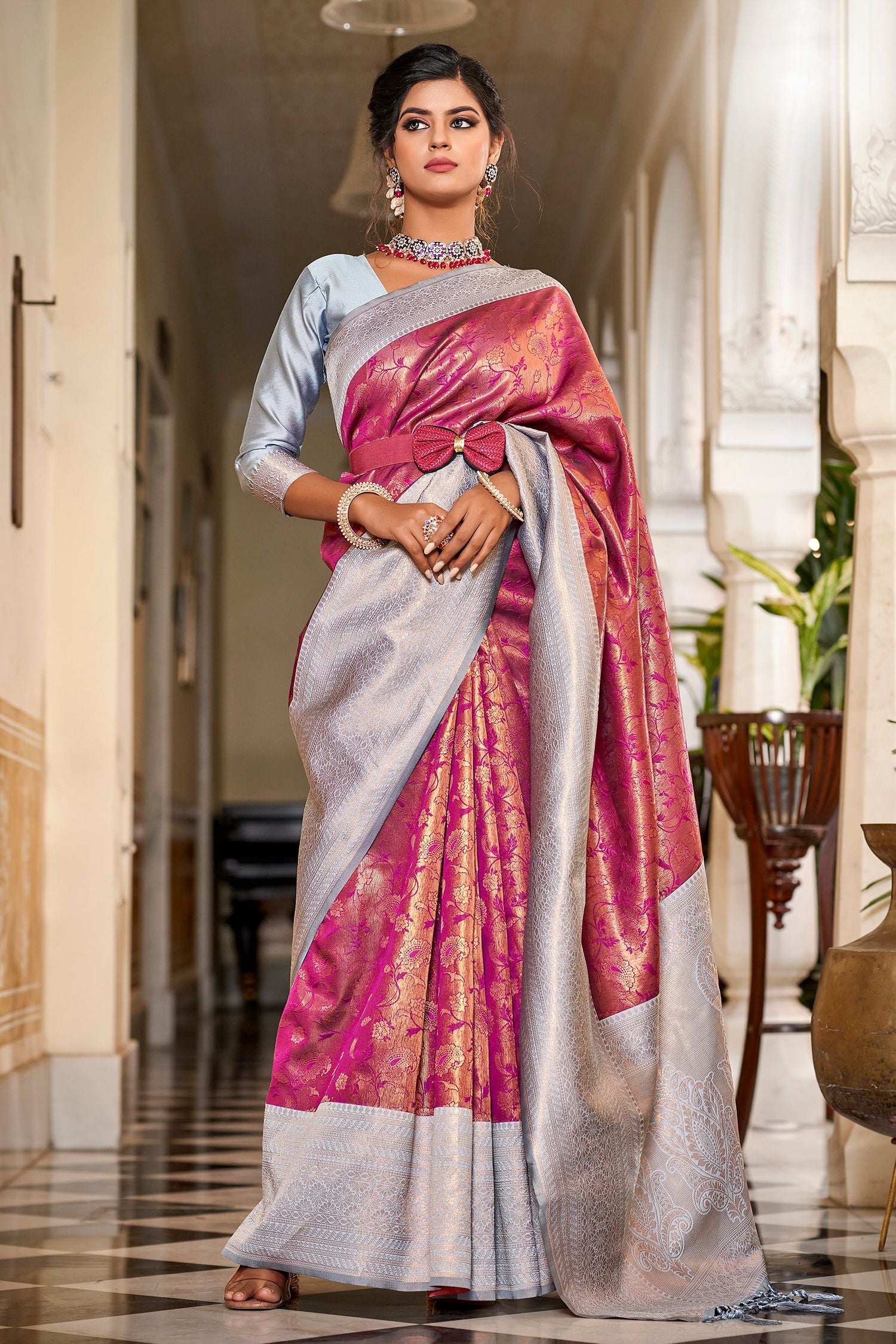 Buy MySilkLove Salmon Pink Silver Woven Banarasi Silk Saree Online