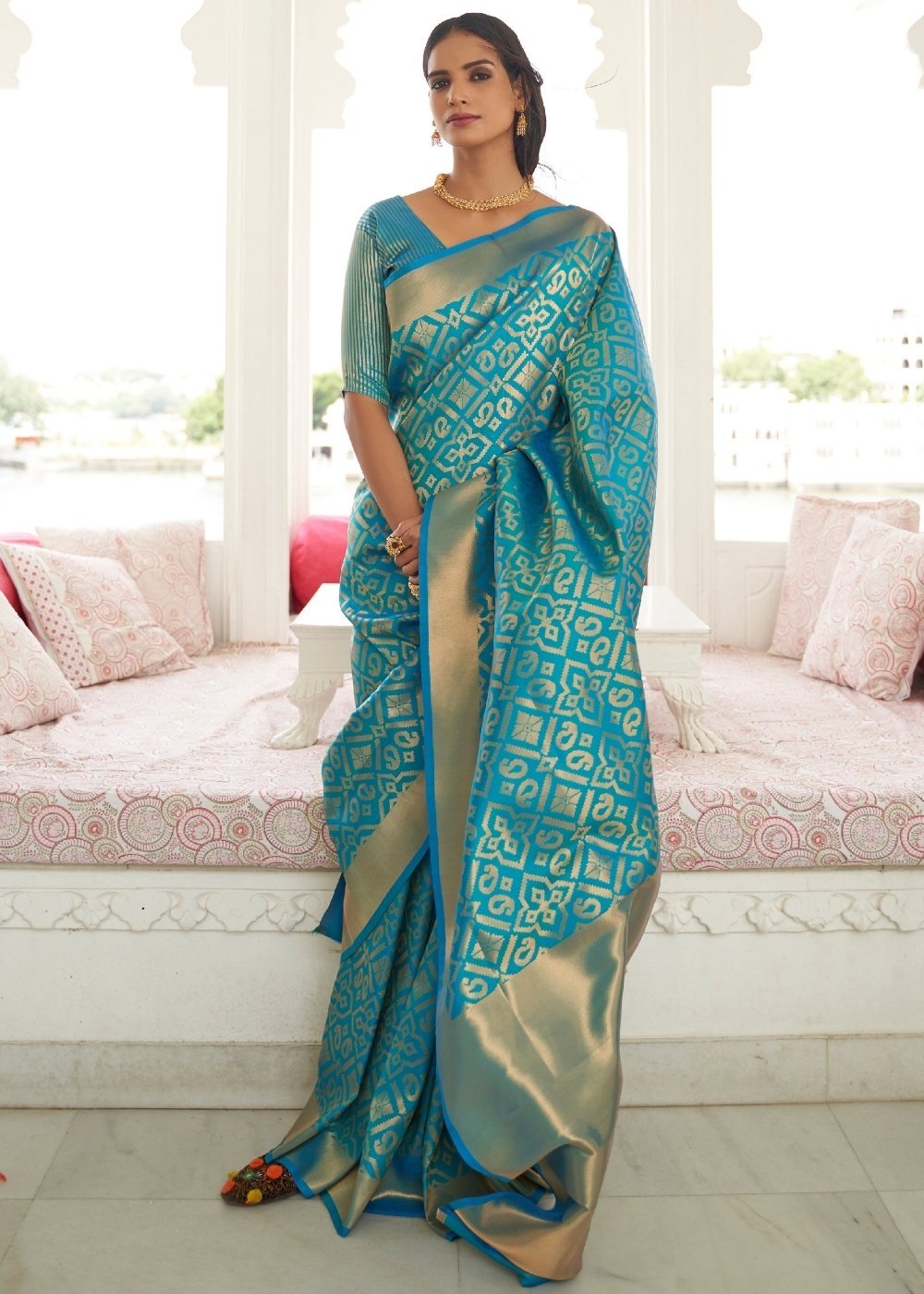 Buy MySilkLove Calypso Blue Zari Woven Kanjivaram Saree Online