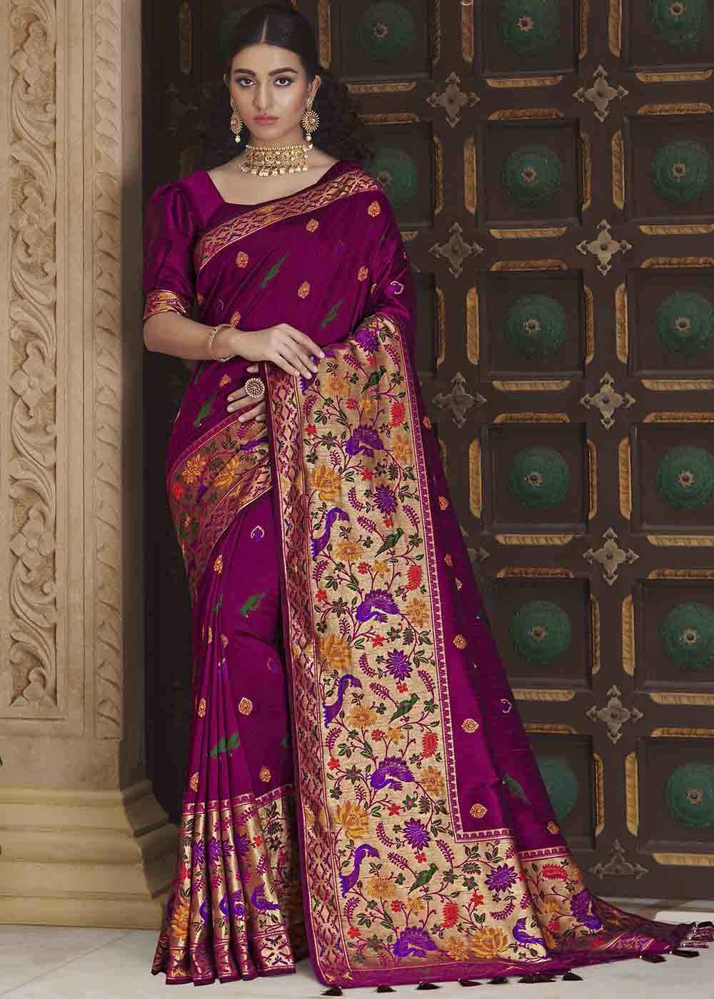Buy MySilkLove Cosmic Purple Zari Woven Banarasi Paithani Saree Online