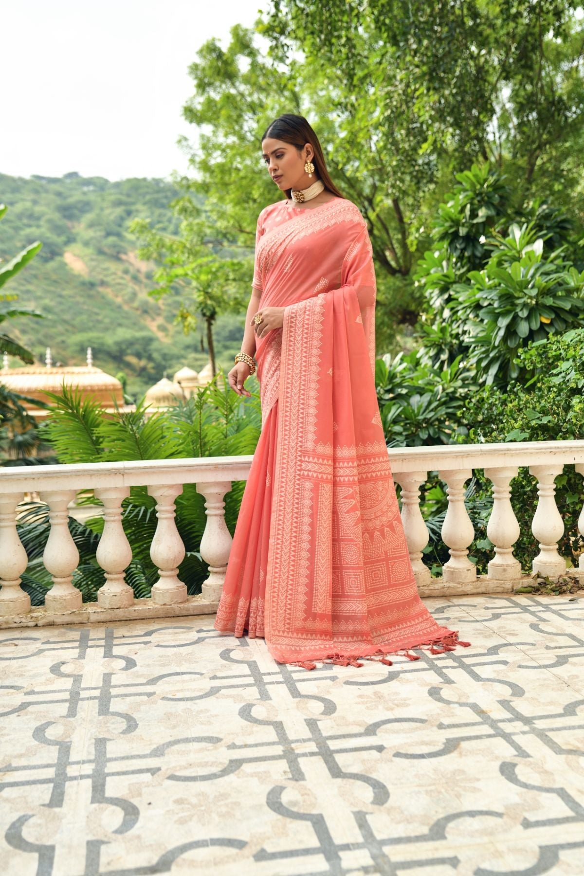 Buy MySilkLove Tacao Peach Lucknowi Cotton Saree Online