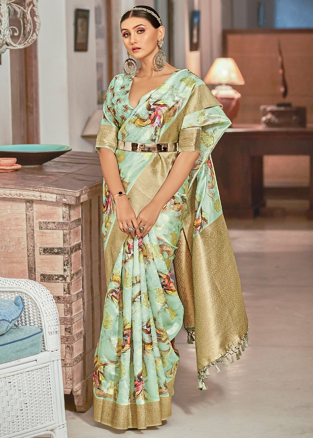 Buy MySilkLove Surf Crest Green Digital Printed Banarasi Saree Online