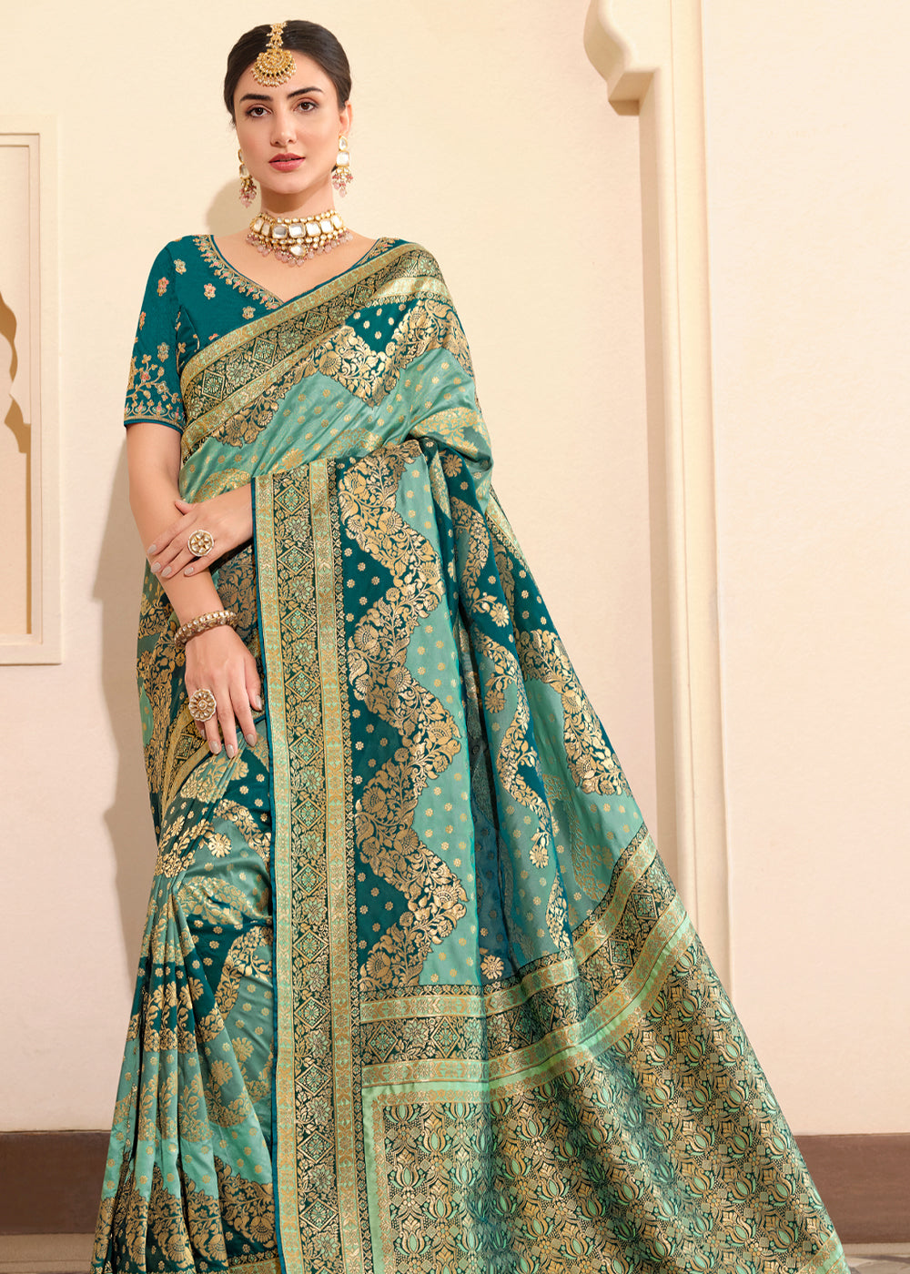 Buy MySilkLove Patina Green and Blue Woven Designer Banarasi Silk Saree Online