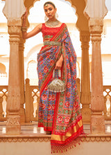 Mountbatten Blue and Red Printed Patola Tussar Saree