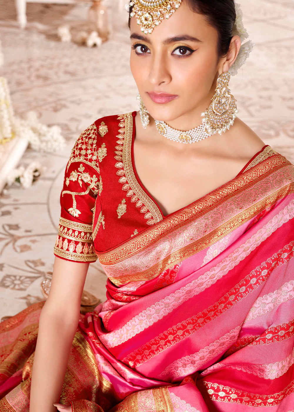 Buy MySilkLove Carnation Pink and Red Zari Woven Banarasi Saree with Designer Blouse Online