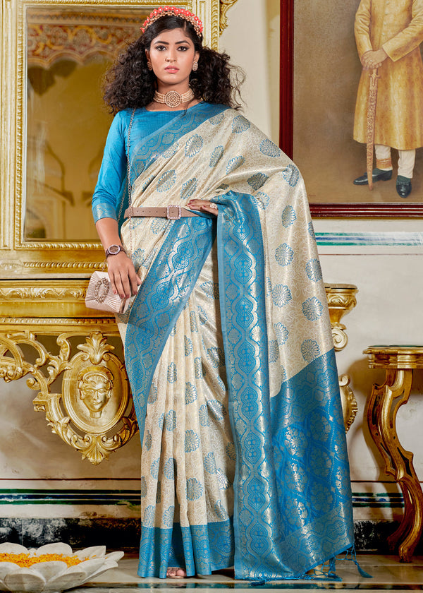 Linen White and Blue Woven Banarasi Silk Saree