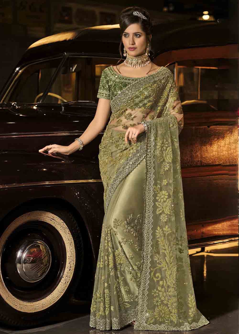 Buy MySilkLove Teak Green Heavy Work Designer Net Saree Online