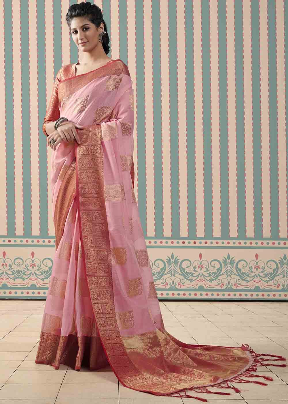 Buy MySilkLove Shilo Pink and Red Zari Woven Linen Saree Online