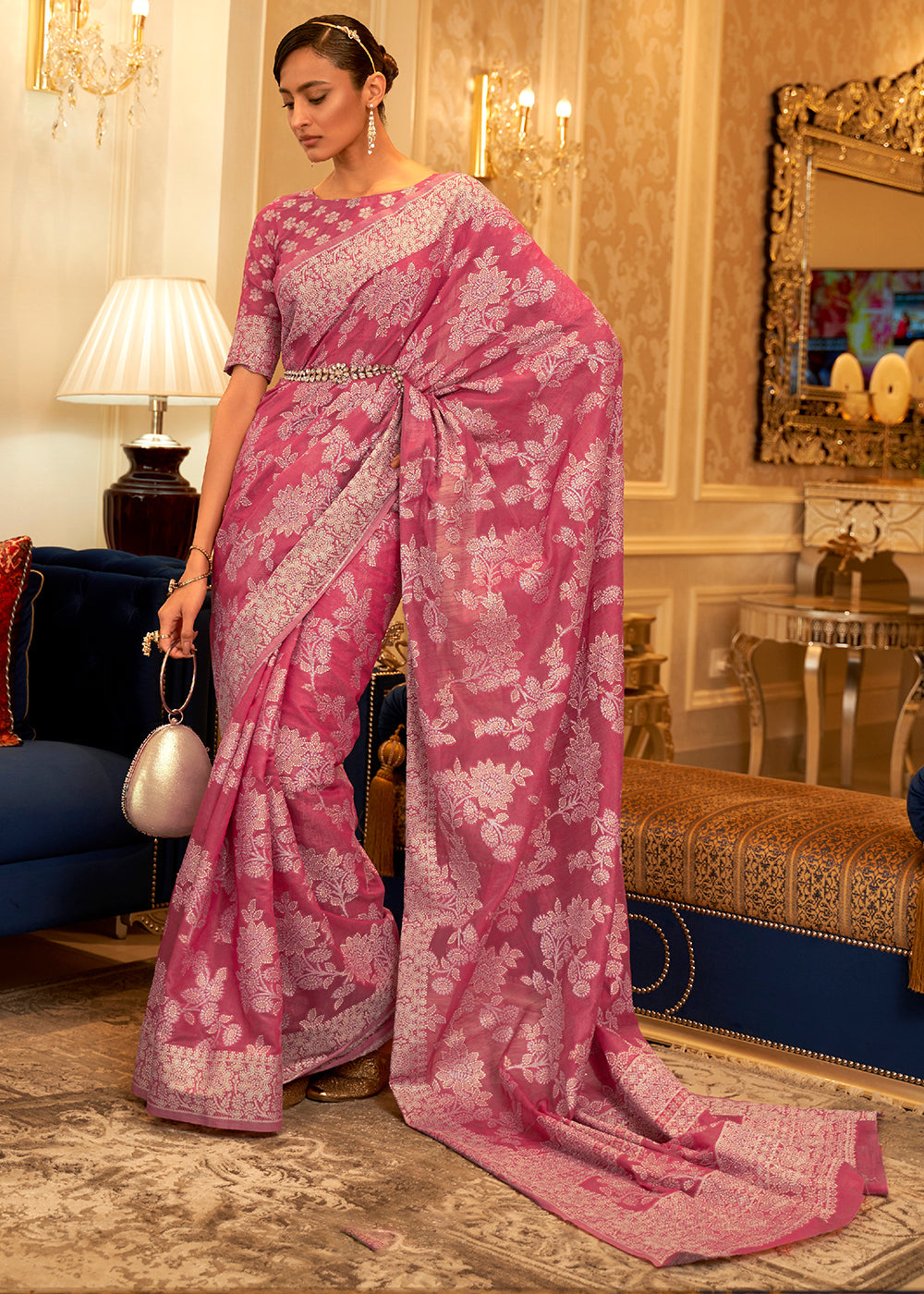Buy MySilkLove Fuzzy Pink Woven Chikankari Saree Online