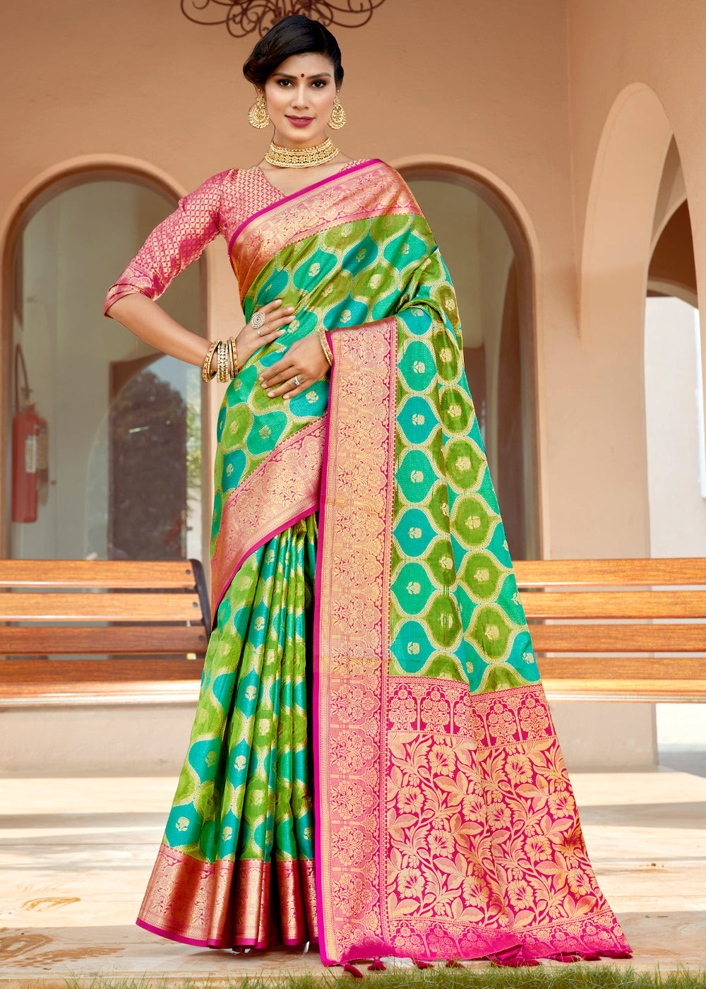 Buy MySilkLove De York Green Wonen Banarasi Rangkath Silk Saree Online