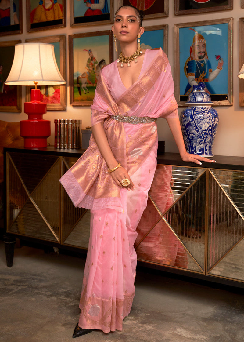 Sundown Pink Zari Woven Banarasi Organza Saree