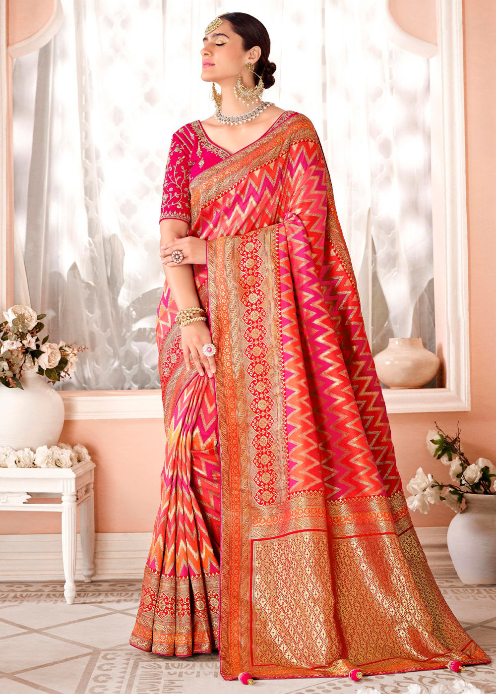 Buy MySilkLove Bittersweet Pink and Orange Zari Woven Banarasi Saree with Designer Blouse Online