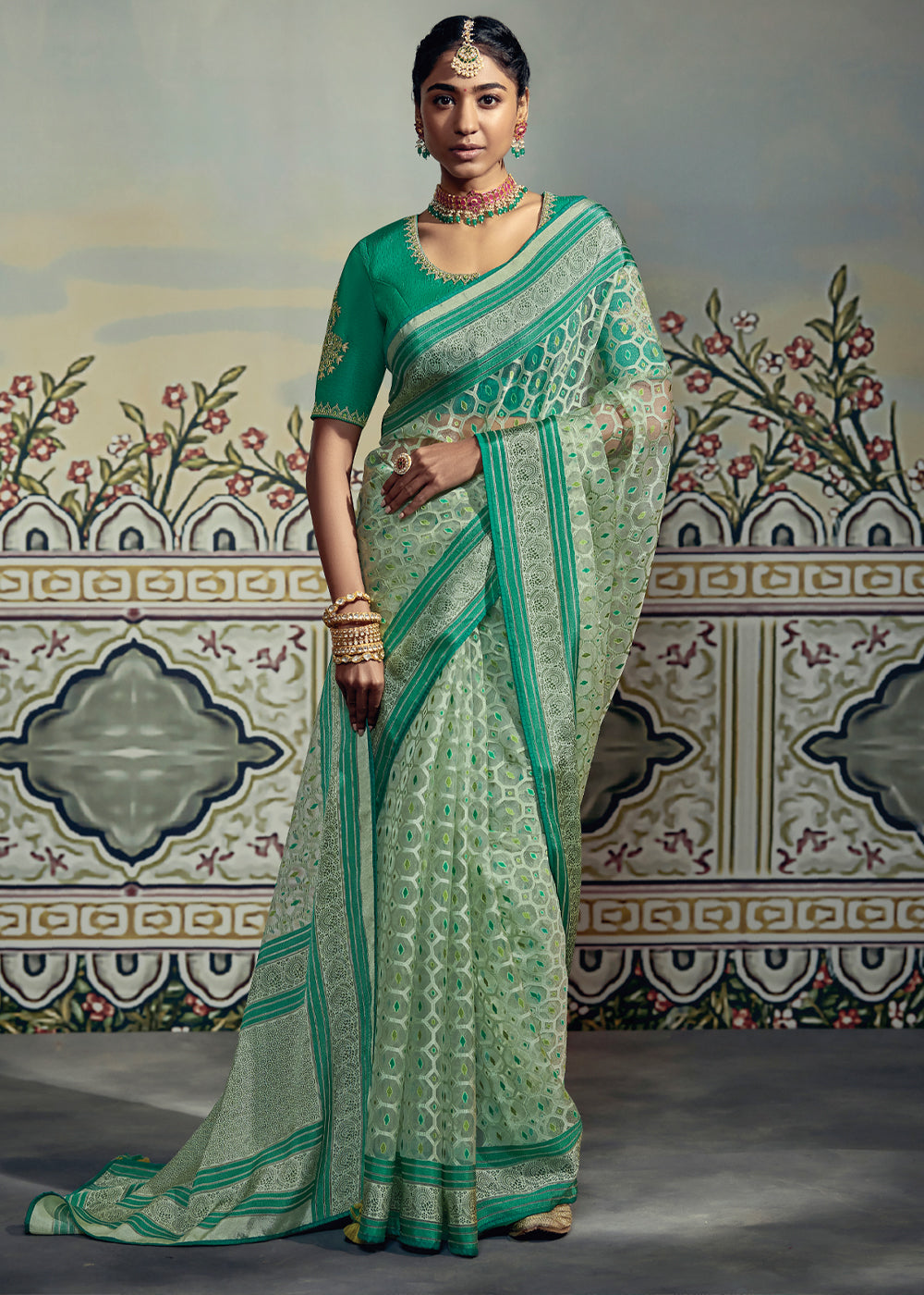 Buy MySilkLove Silver Tree Green Woven Soft Silk Saree with Embroidered Blouse Online