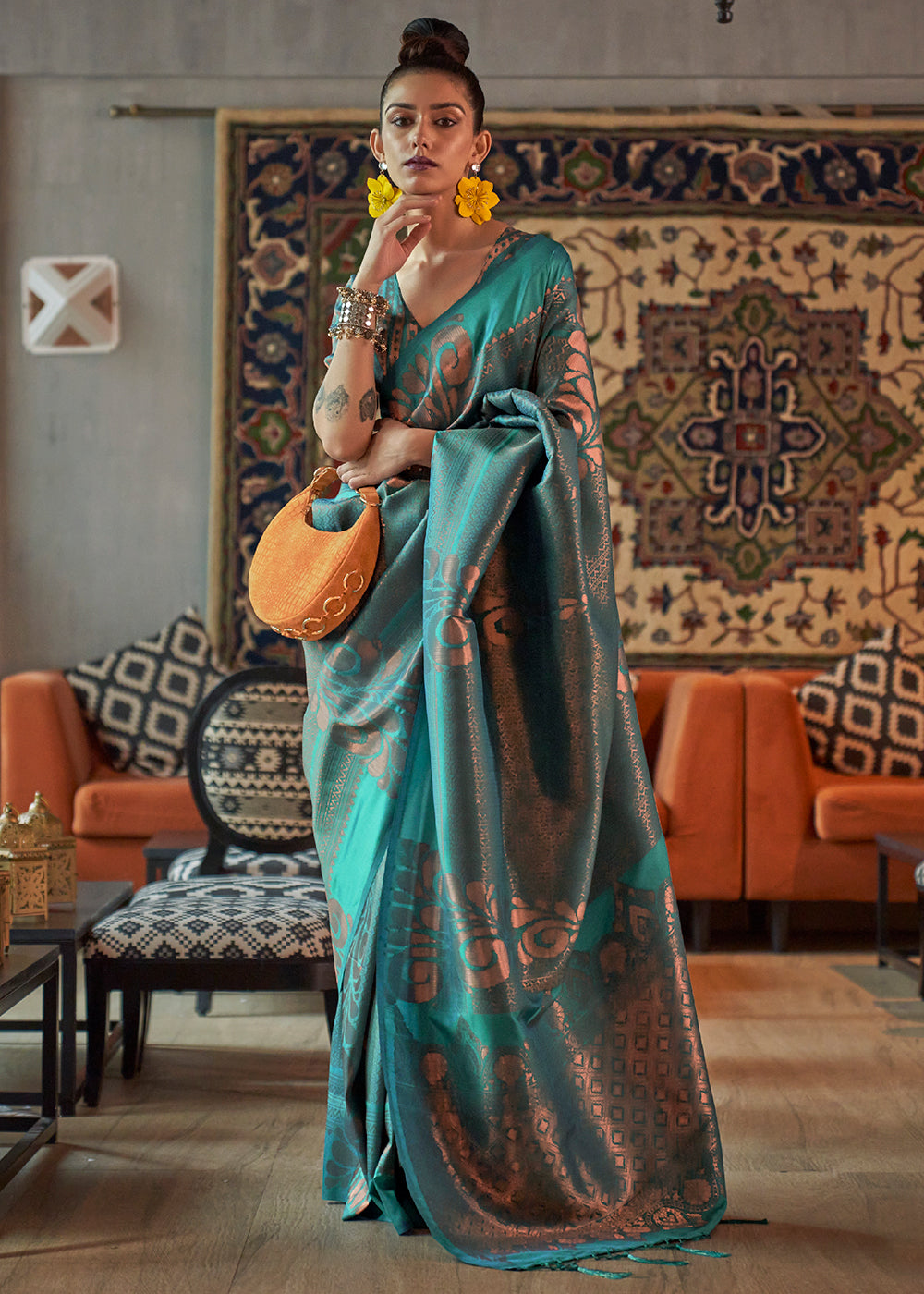 Buy MySilkLove Paradiso Blue Copper Zari Woven Banarasi Saree Online