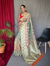 Misty Green Banarasi Dual Tone Floral Printed Silk Saree