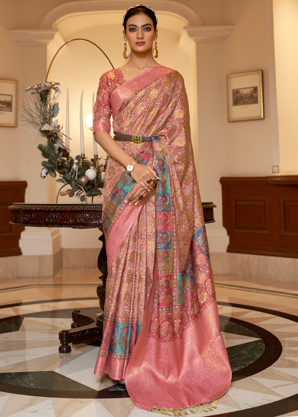 Buy MySilkLove Matrix Pink Banarasi Digital Kanni Printed Silk Saree Online