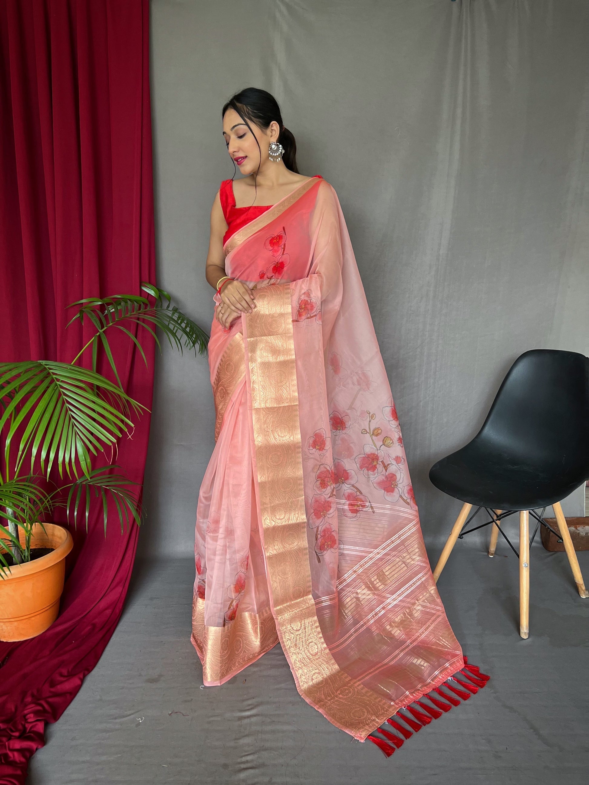 Buy MySilkLove Froly Pink Organza Digital Floral Printed Saree Online